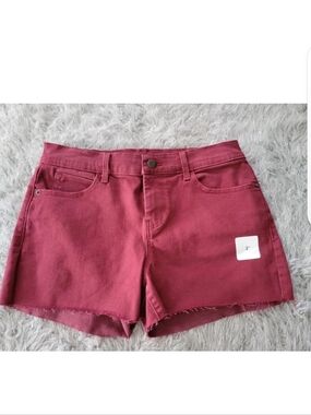 NWT Y2k Old Navy Boyfriend Mid Rise Denim Jean Shorts Raw Hem Maroon Stretch 6
